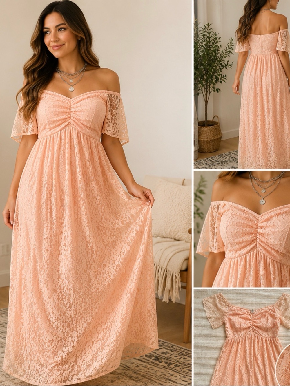 Off-Shoulder Peach Lace Maxi Dress
